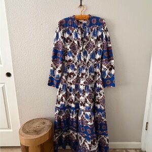 Blue and White Floral Maxi Dress with Tie Waist